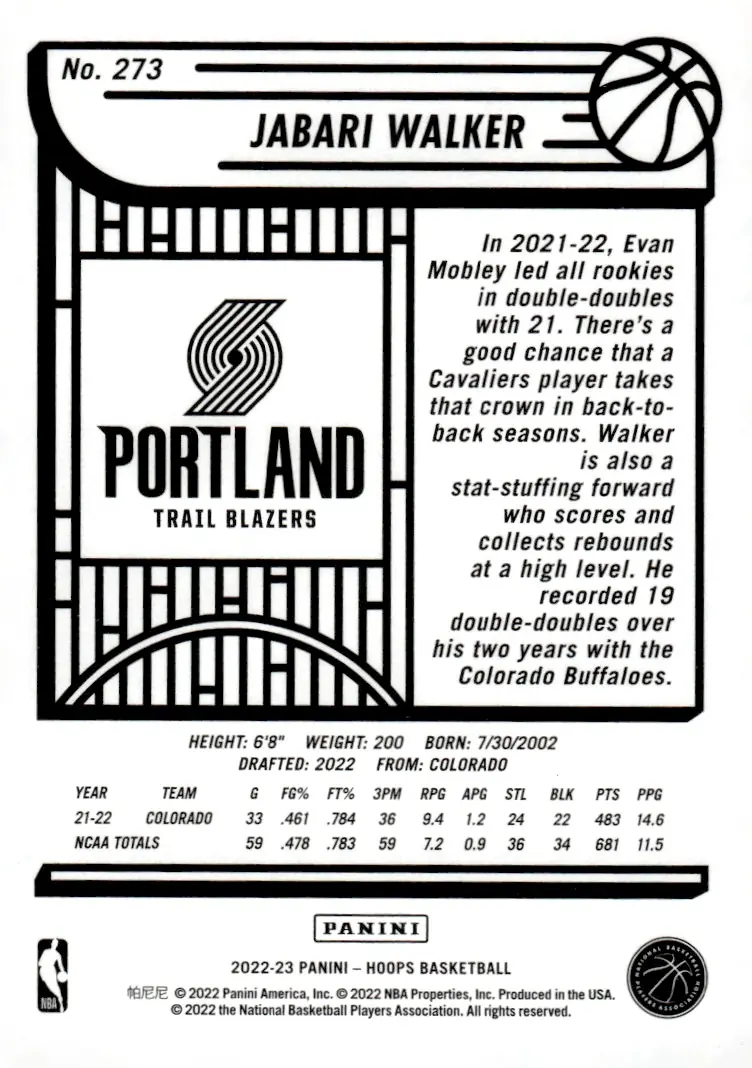 2022-23 NBA Hoops #273 Jabari Walker (back)