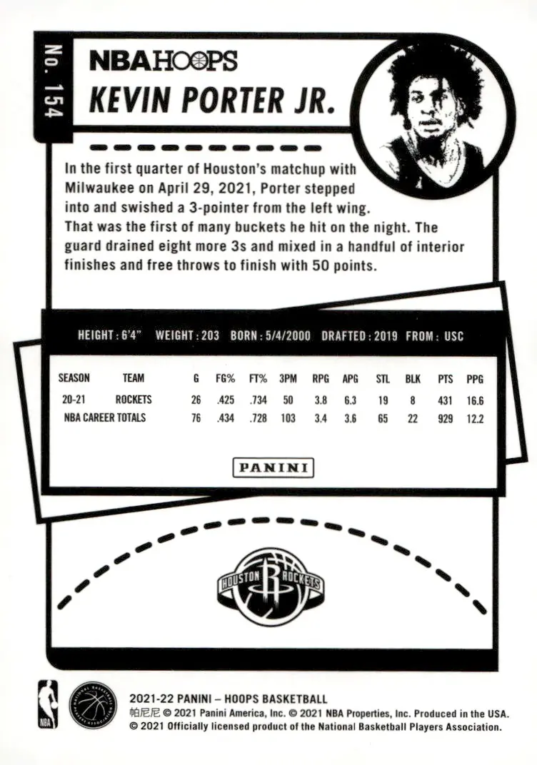 2021-22 NBA Hoops #154 Kevin Porter Jr. – Purple (back)