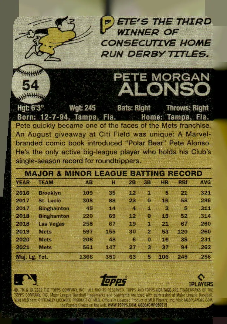 2022 Topps Heritage #54 Pete Alonso (back)