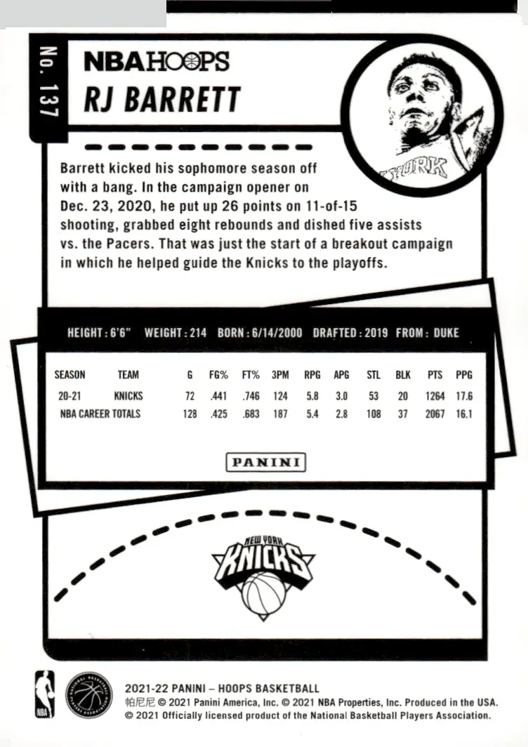 2021-22 NBA Hoops #137 RJ Barrett (back)