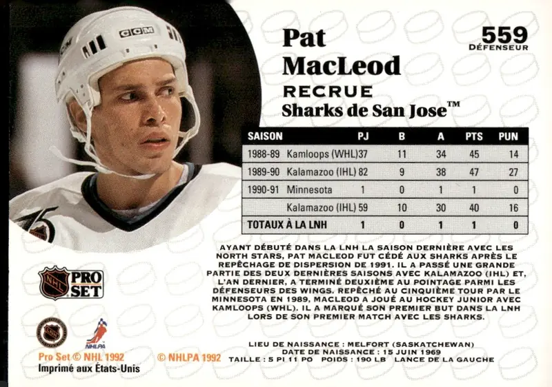 1991-92 Pro Set (Series 2) - French Edition #559 Pat MacLeod – French (back)