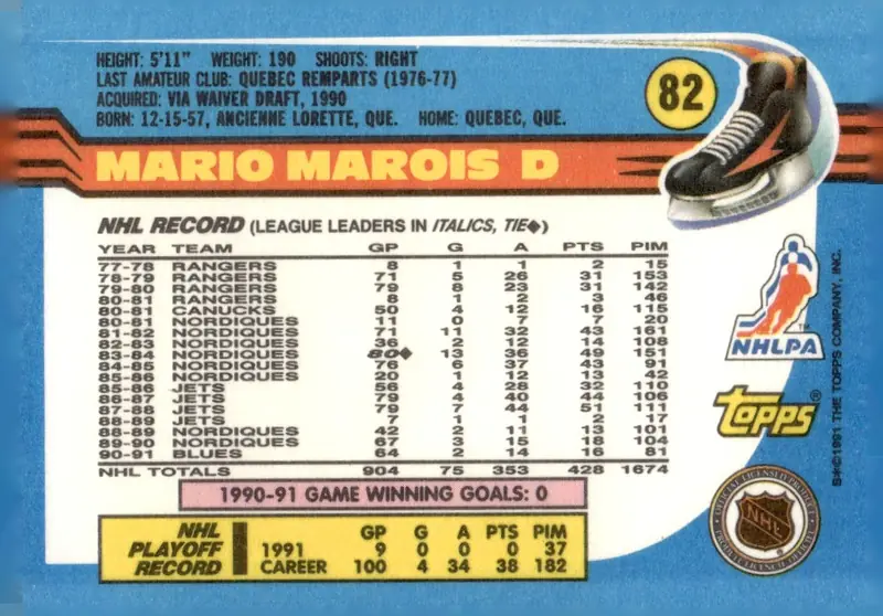 1991-92 Topps #82 Mario Marois (back)