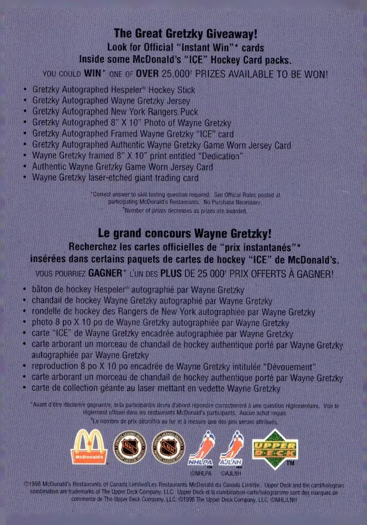 1998-99 Upper Deck Ice McDonald's #NNO (unnumbered) Checklist (back)