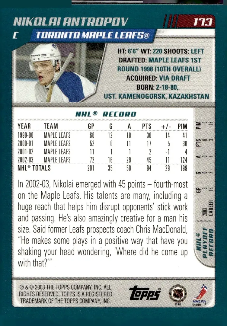 2003-04 Topps #173 Nikolai (Nik) Antropov (back)