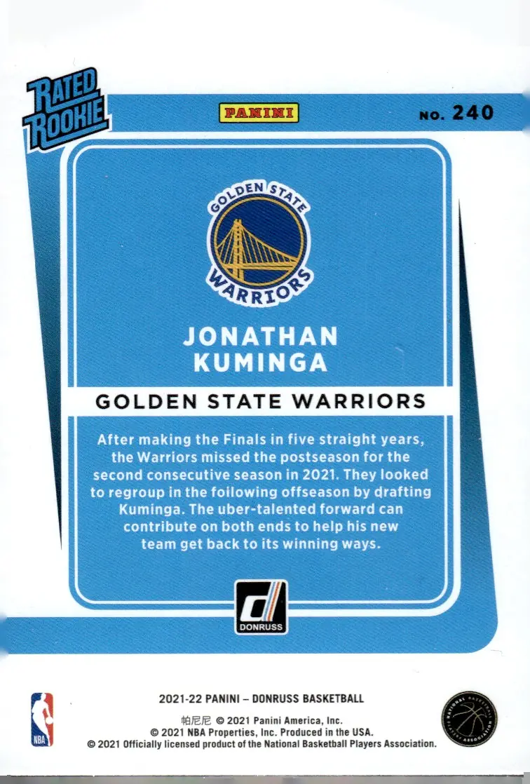 2021-22 Donruss #240 Jonathan Kuminga – Holo Orange Laser (back)