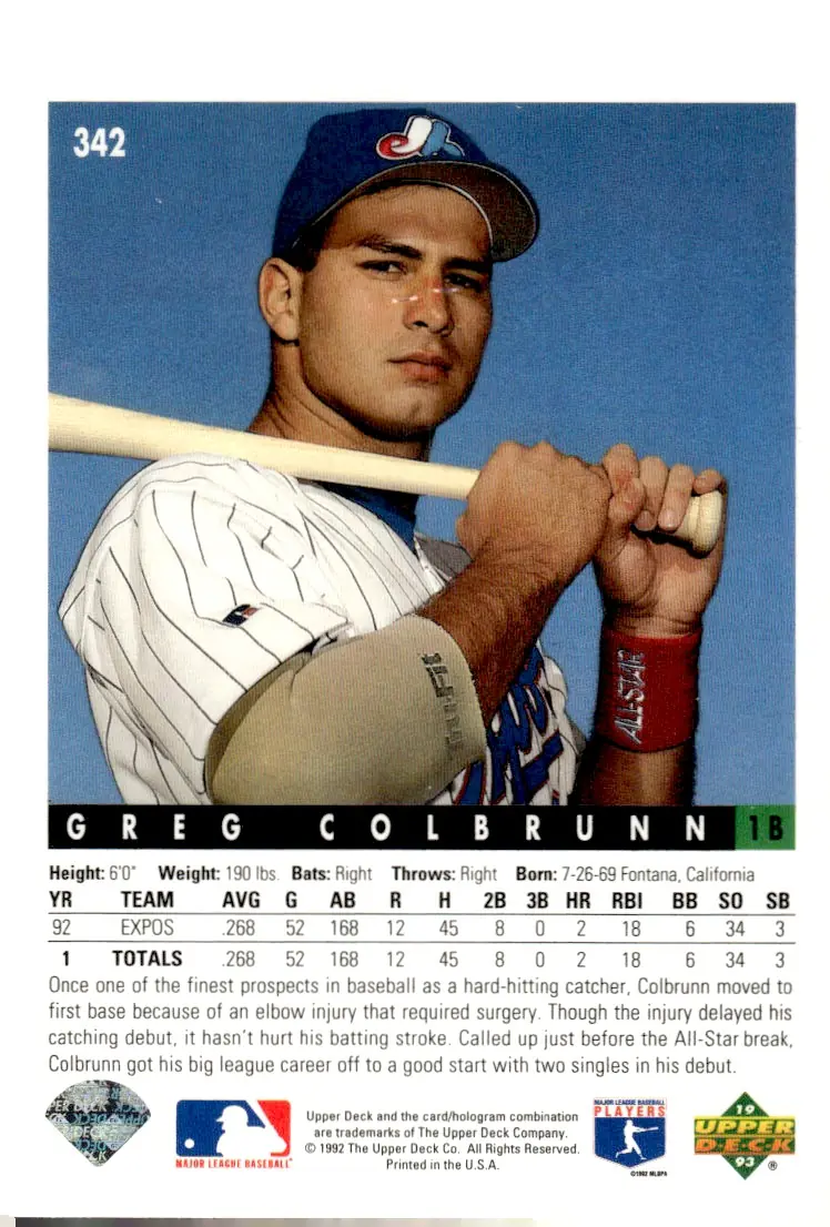 1993 Upper Deck #342 Greg Colbrunn (back)