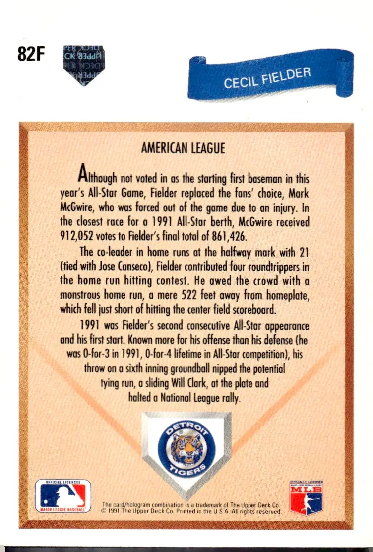 1991 Upper Deck Final Edition #82F Cecil Fielder (back)