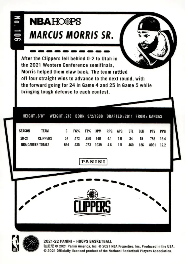 2021-22 NBA Hoops #106 Marcus Morris Sr. (back)