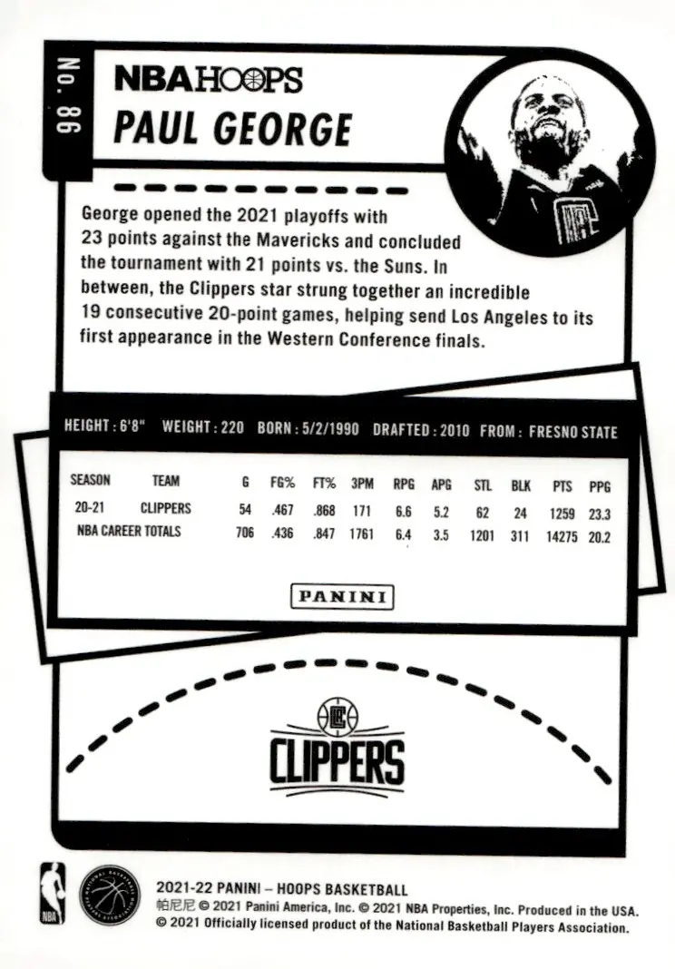 2021-22 NBA Hoops #86 Paul George (back)