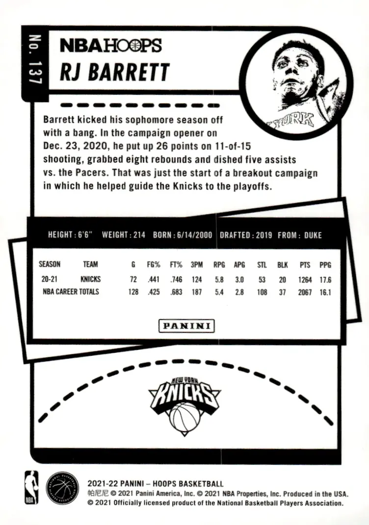 2021-22 NBA Hoops #137 RJ Barrett (back)