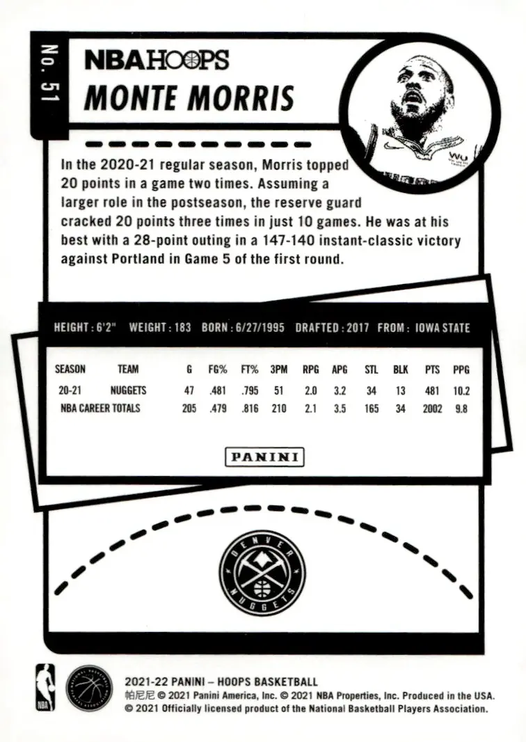 2021-22 NBA Hoops #51 Monte Morris (back)