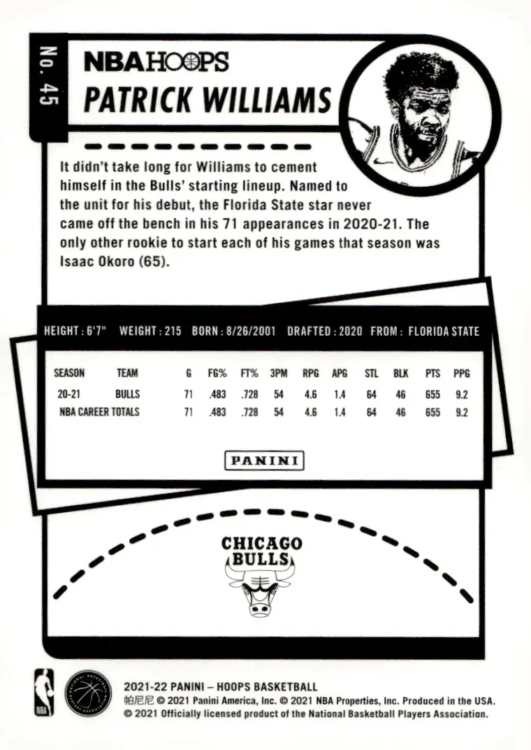 2021-22 NBA Hoops #45 Patrick Williams (back)