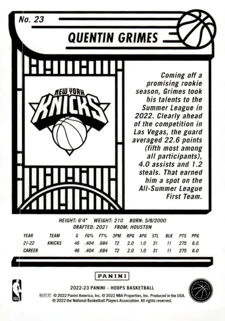 2022-23 NBA Hoops #23 Quentin Grimes (back)