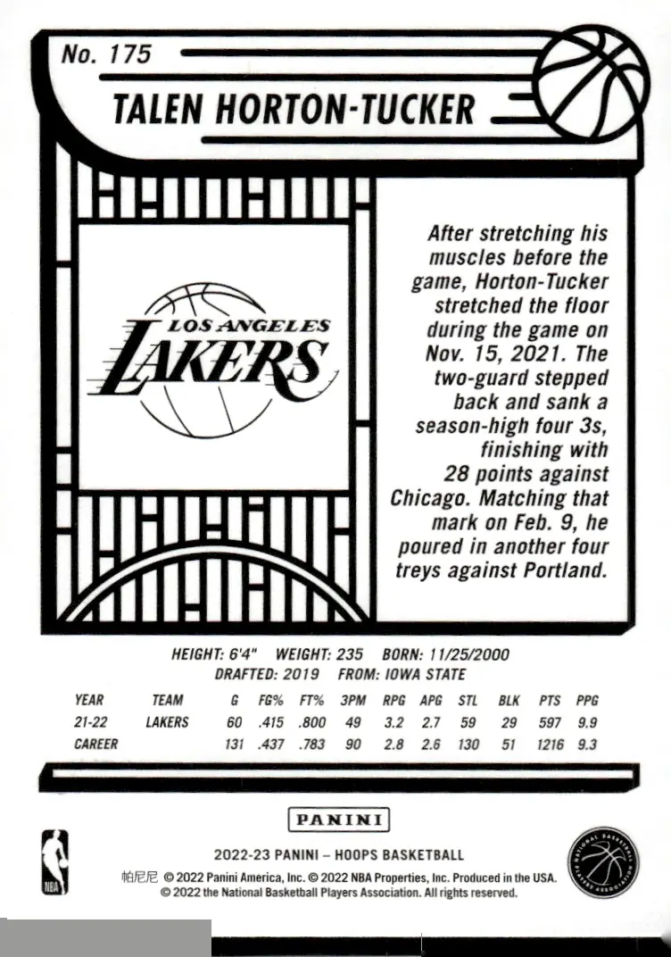 2022-23 NBA Hoops #175 Talen Horton-Tucker (back)