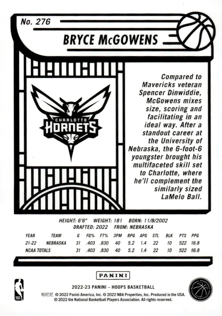 2022-23 NBA Hoops #276 Bryce McGowens (back)