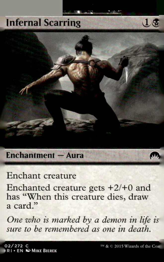 2015 Magic Origins (ORI) #102/272 Infernal Scarring (Enchantment — Aura); art by Mike Bierek (front)
