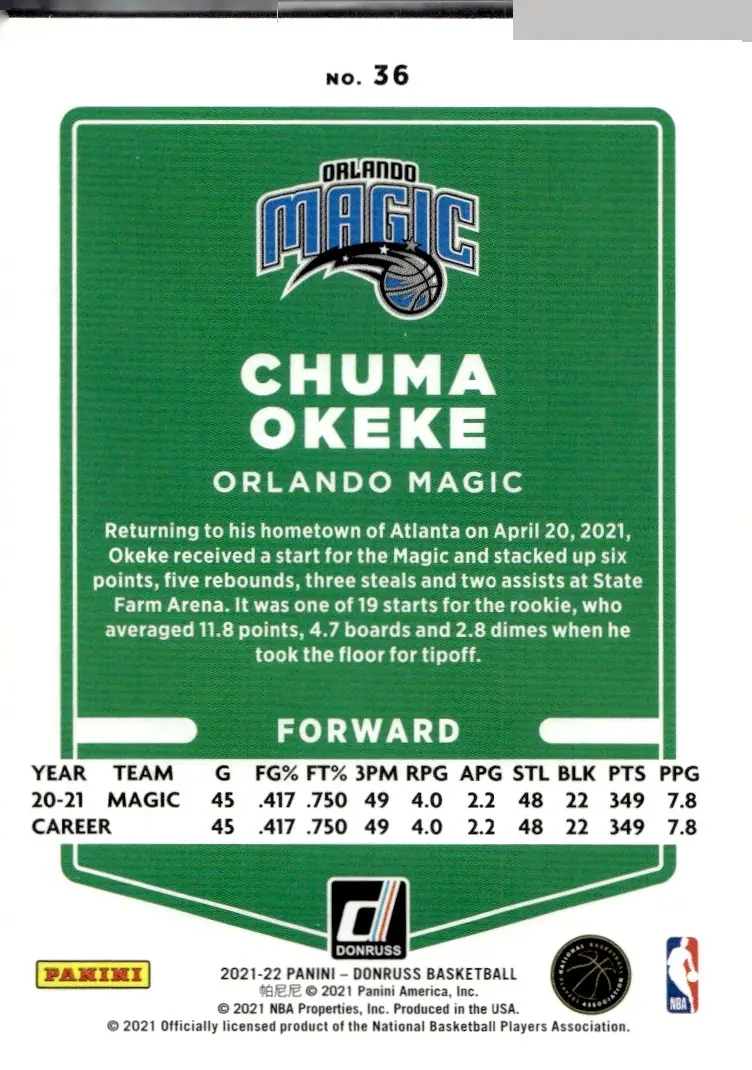 2021-22 Donruss #36 Chuma Okeke (back)