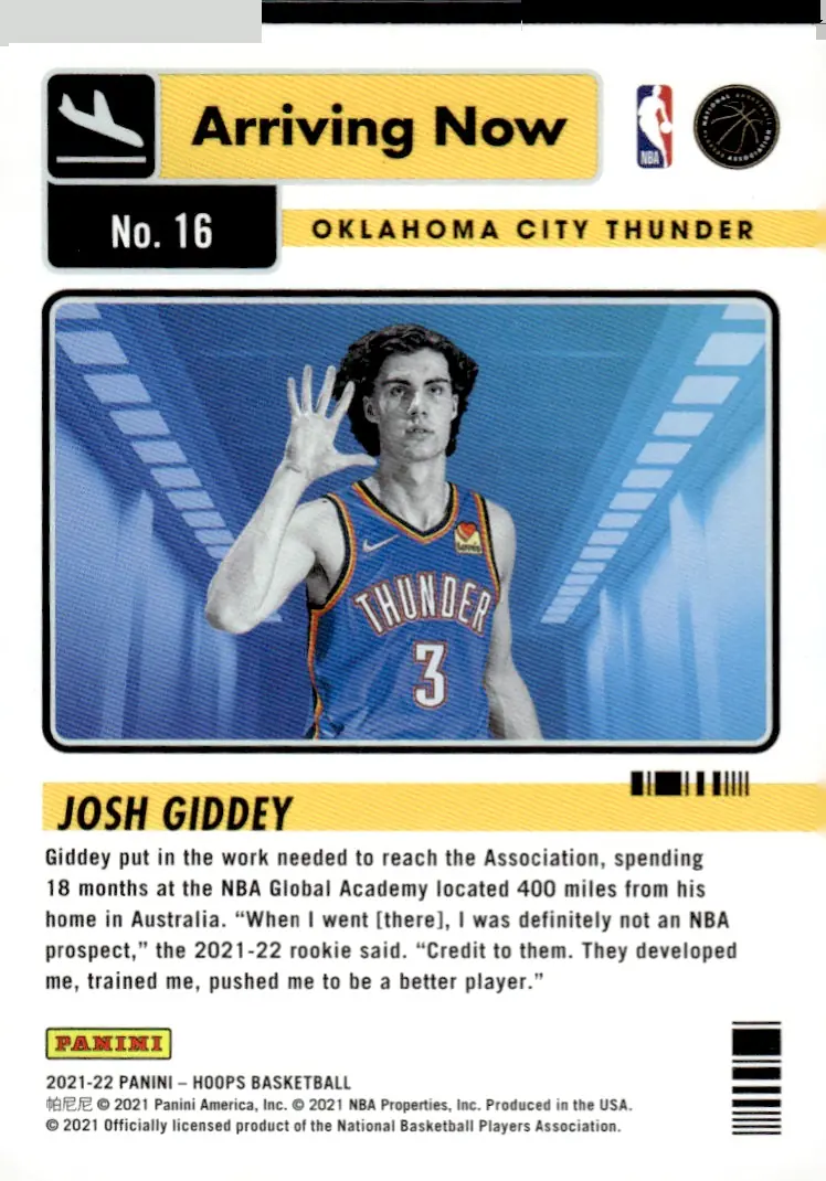 2021-22 NBA Hoops #16 Josh Giddey (back)