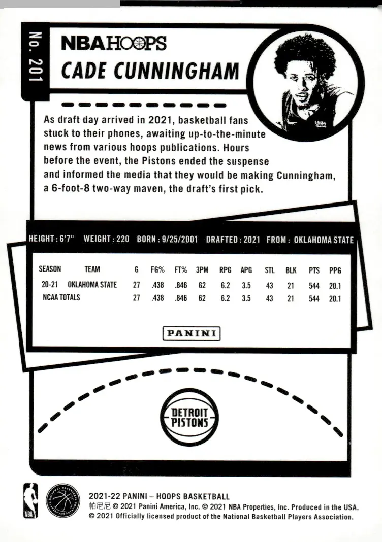 2021-22 NBA Hoops #201 Cade Cunningham (back)