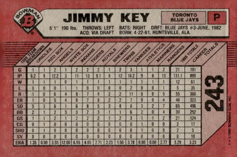 1989 Bowman #243 Jimmy Key (back)