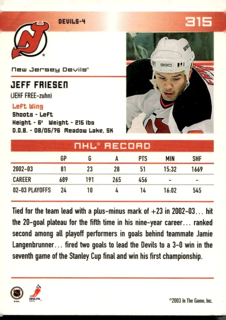 2003-04 In The Game Action #315 Jeff Friesen (back)