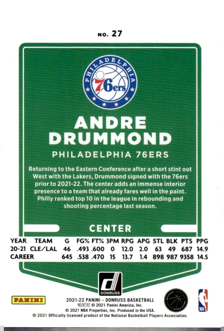 2021-22 Donruss Basketball #27 Andre Drummond (back)
