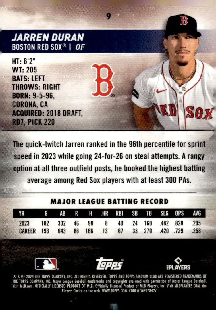 2024 Topps Stadium Club #9 Jarren Duran (back)