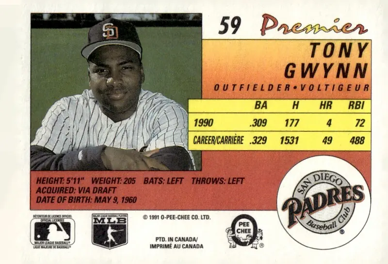1991 O-Pee-Chee Premier #59 Tony Gwynn (back)