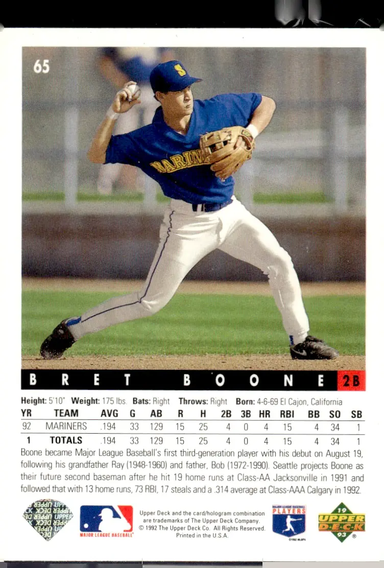 1993 Upper Deck #65 Bret Boone (back)