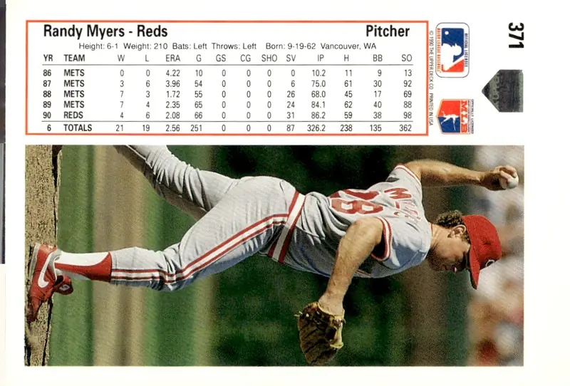 1991 Upper Deck #371 Randy Myers (back)
