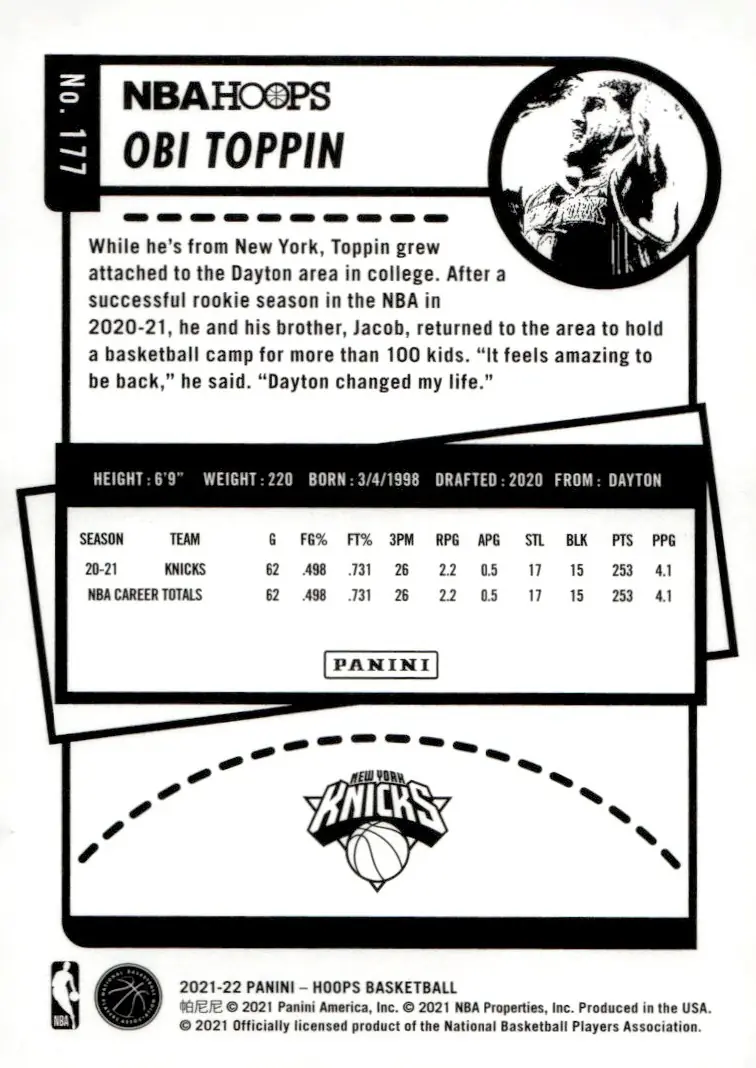 2021-22 NBA Hoops #177 Obi Toppin (back)
