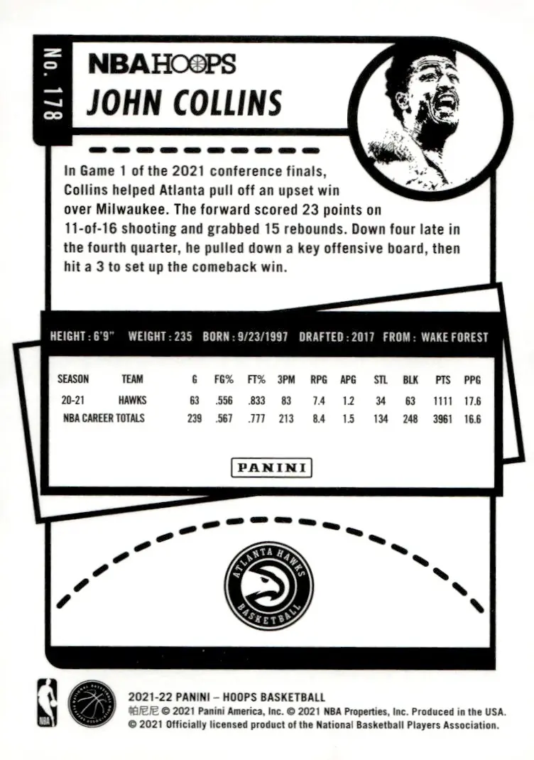 2021-22 NBA Hoops #178 John Collins (back)
