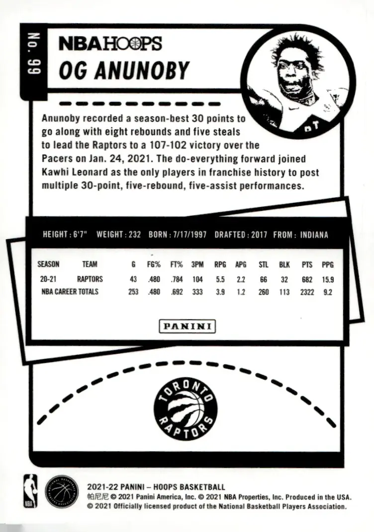 2021-22 NBA Hoops #99 OG Anunoby (back)