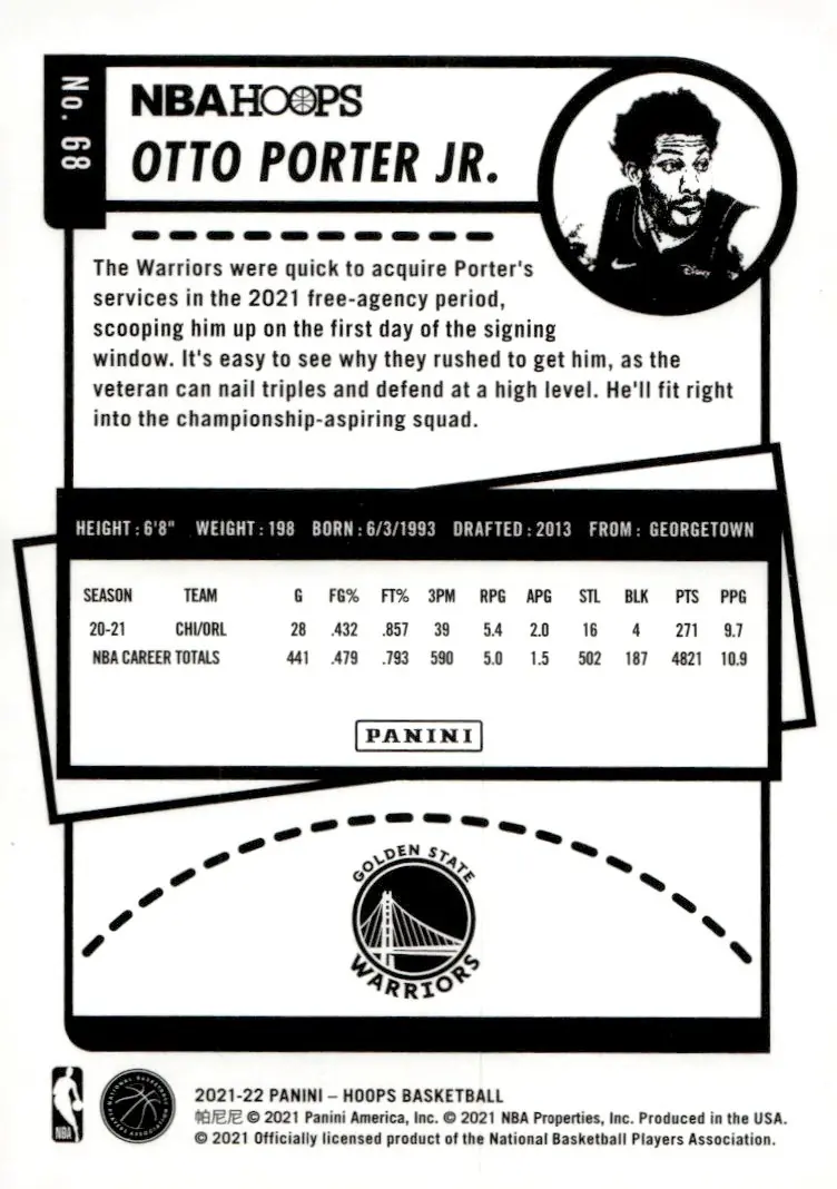 2021-22 NBA Hoops #68 Otto Porter Jr. (back)