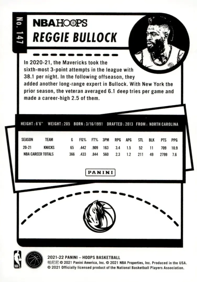 2021-22 NBA Hoops #147 Reggie Bullock (back)