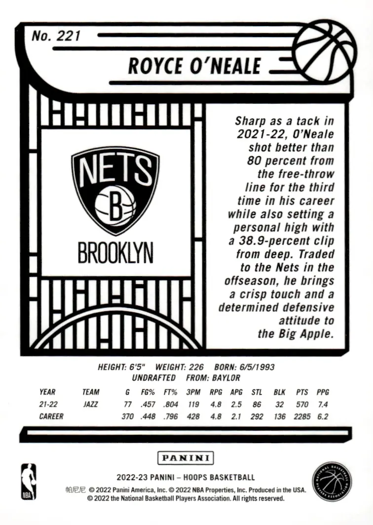 2022-23 NBA Hoops #221 Royce O'Neale (back)
