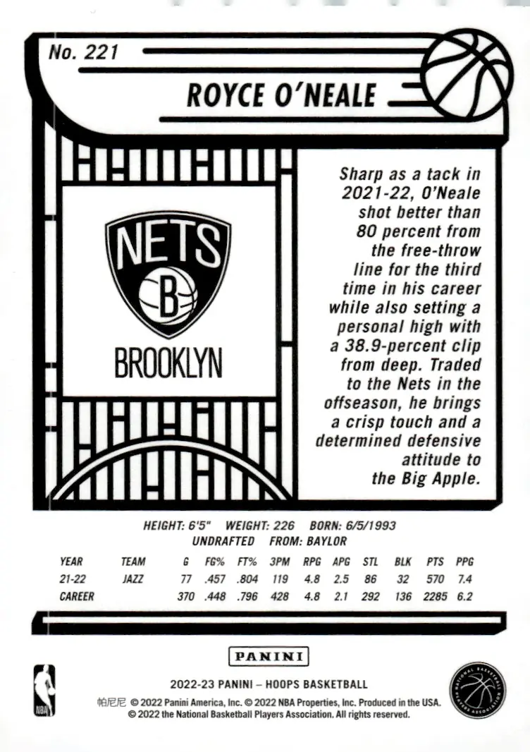2022-23 NBA Hoops #221 Royce O'Neale (back)