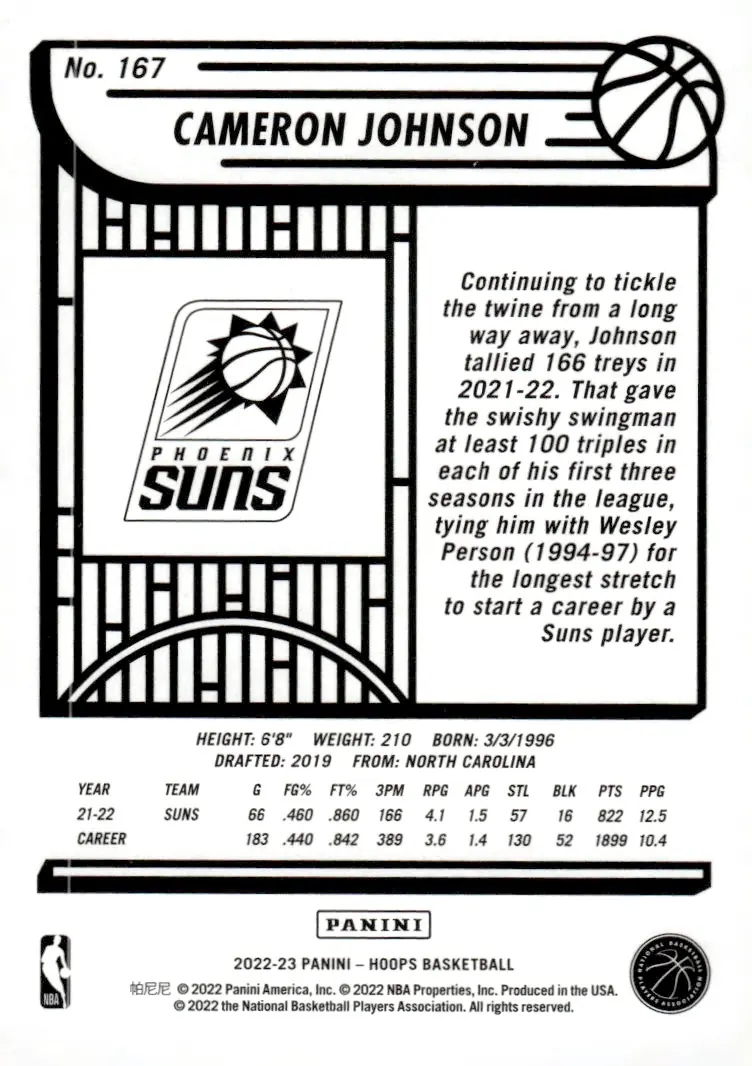 2022-23 NBA Hoops #167 Cameron Johnson (back)