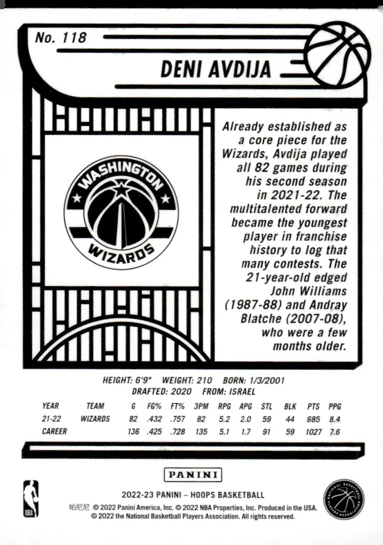 2022-23 NBA Hoops #118 Deni Avdija (back)