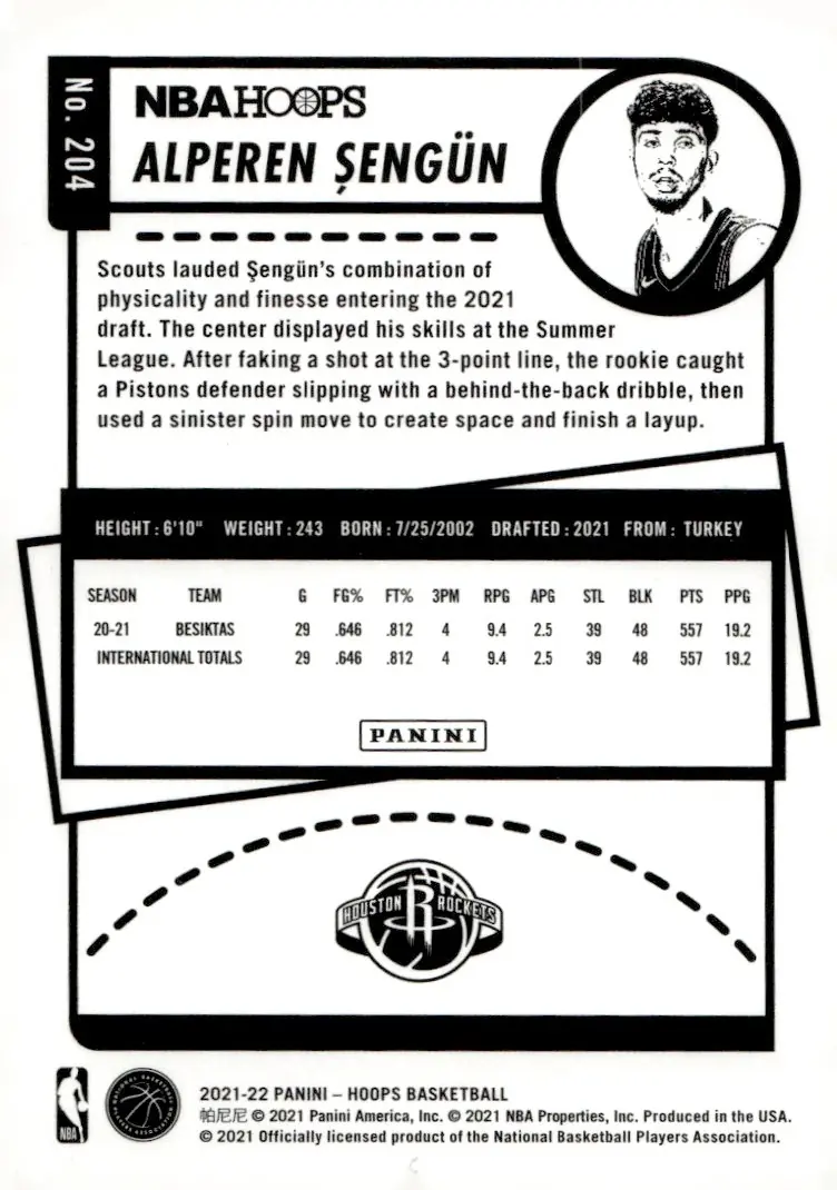 2021-22 NBA Hoops #204 Alperen Şengün (back)