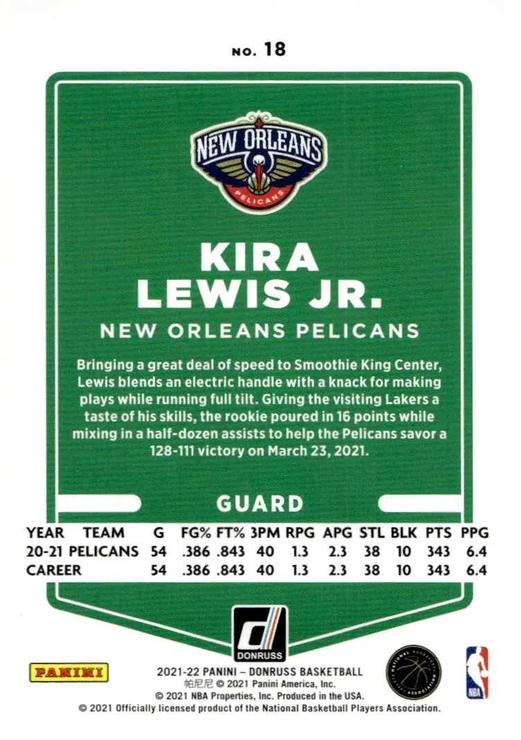 2021-22 Donruss #18 Kira Lewis Jr. (back)