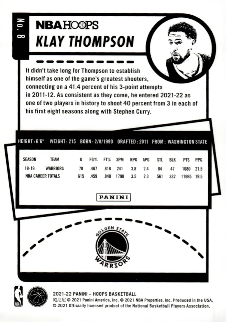 2021-22 NBA Hoops #8 Klay Thompson (back)