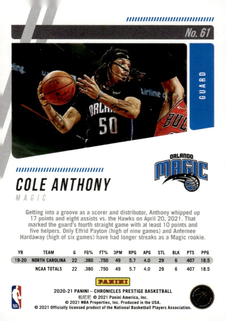 2020-21 Panini Chronicles Basketball #61 Cole Anthony (back)