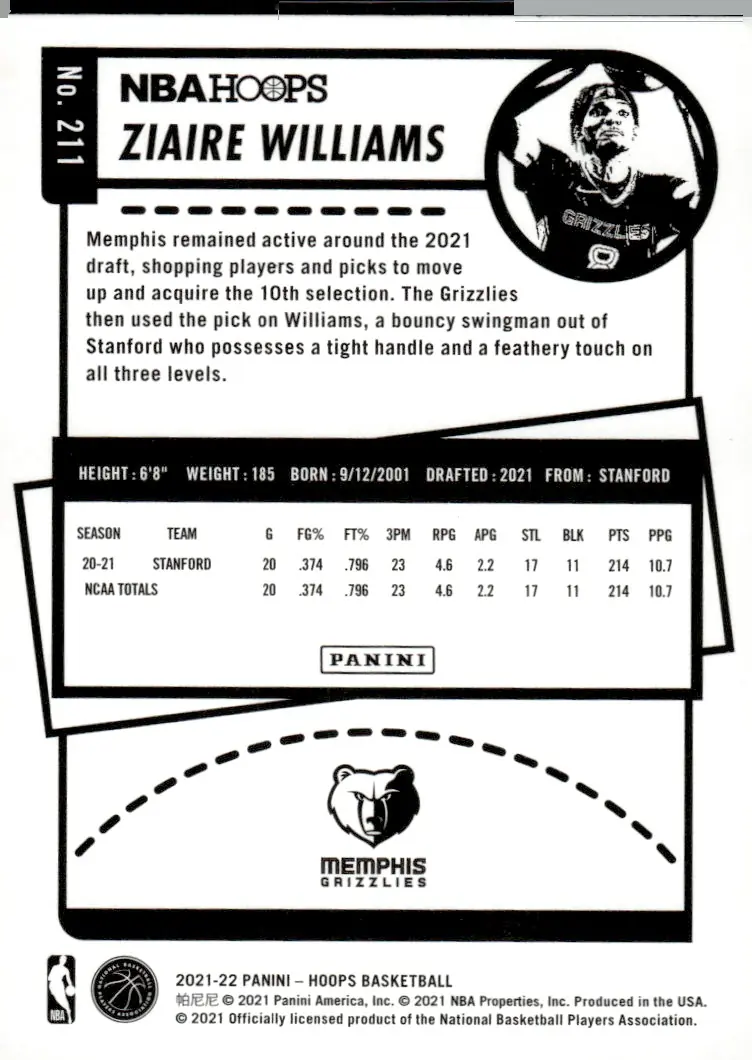 2021-22 NBA Hoops #211 Ziaire Williams (back)
