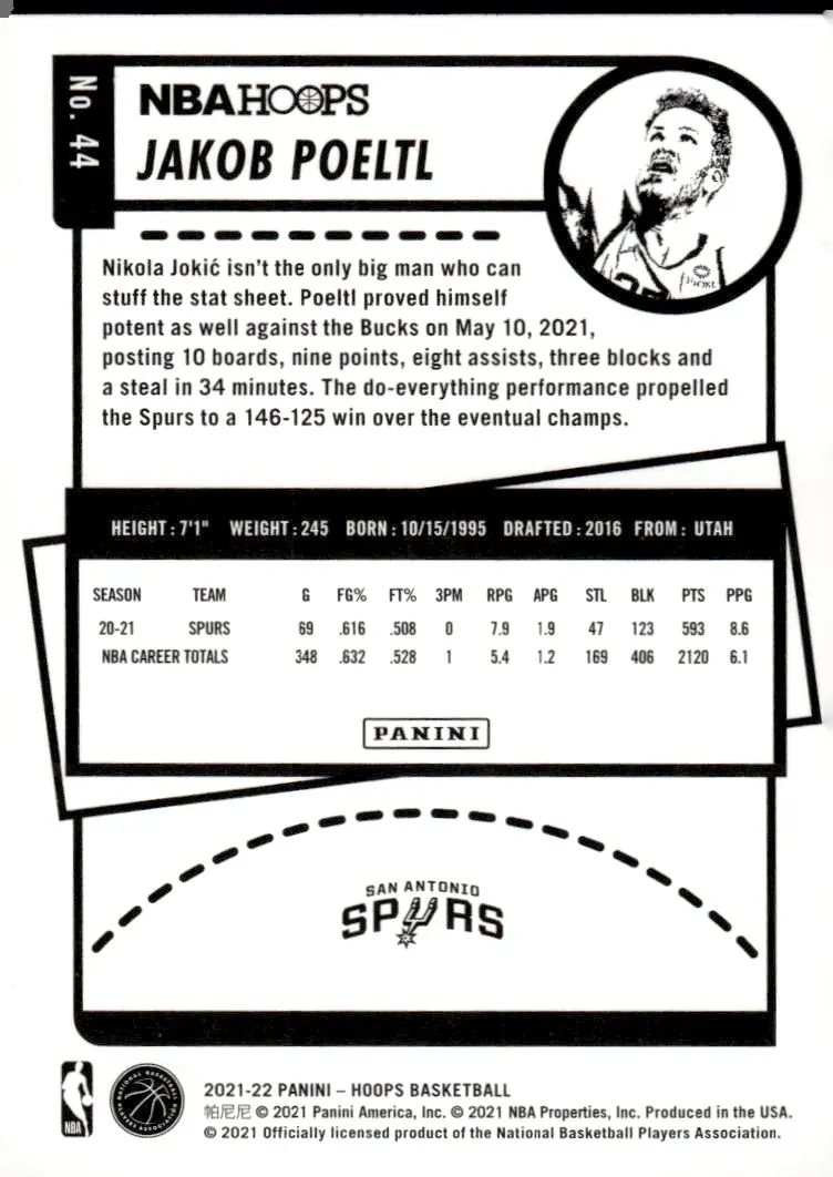 2021-22 NBA Hoops #44 Jakob Poeltl (back)