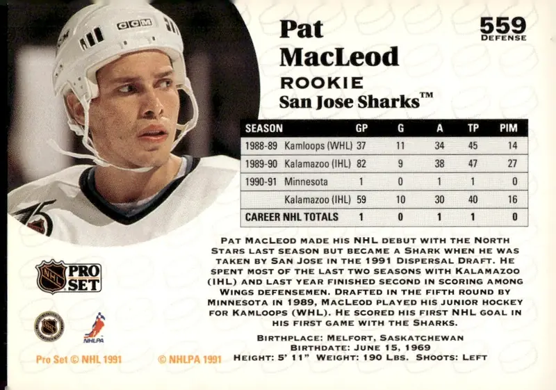 1991-92 Pro Set (Series 2 / French-English NHL) #559 Pat MacLeod (back)
