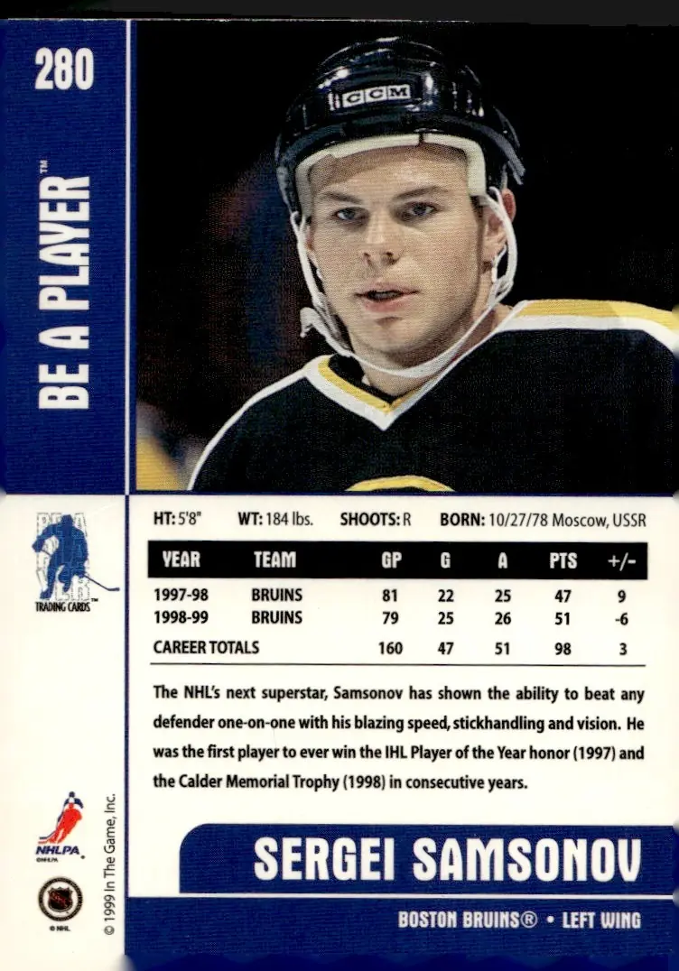 1999-00 Be A Player Memorabilia #280 Sergei Samsonov (back)
