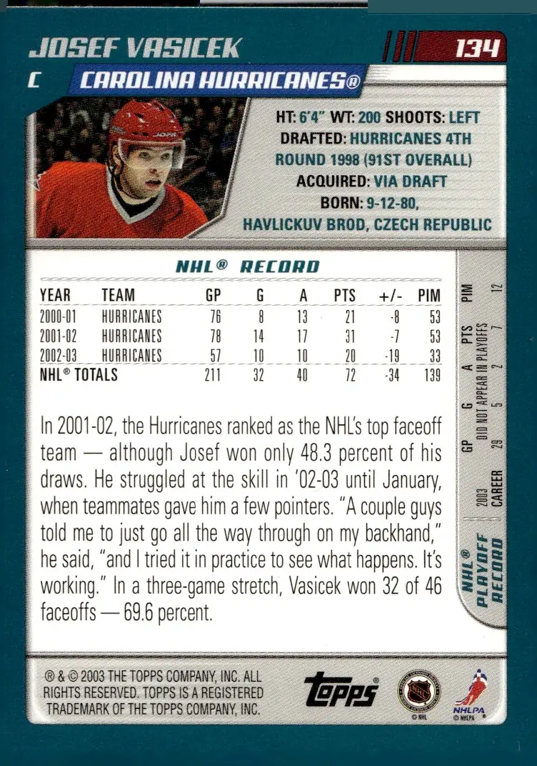2003-04 Topps #134 Josef Vasicek (back)