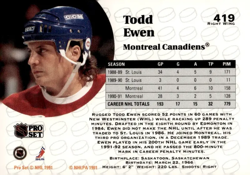 1991-92 Pro Set #419 Todd Ewen (back)