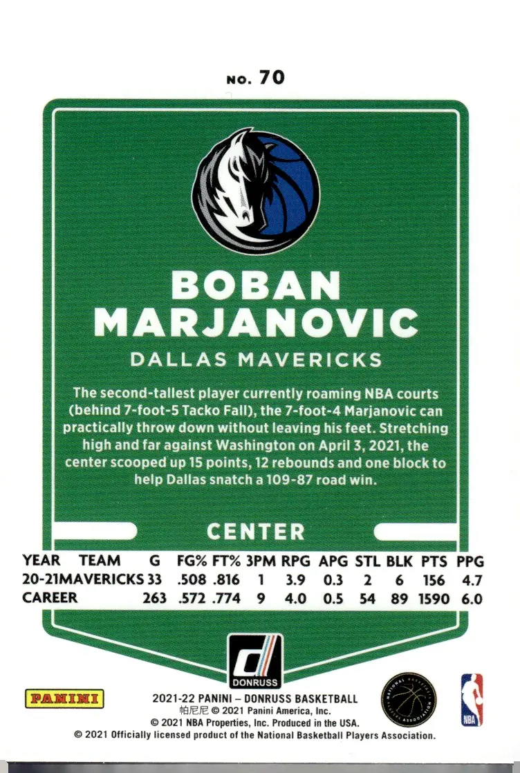 2021-22 Donruss #70 Boban Marjanovic (back)